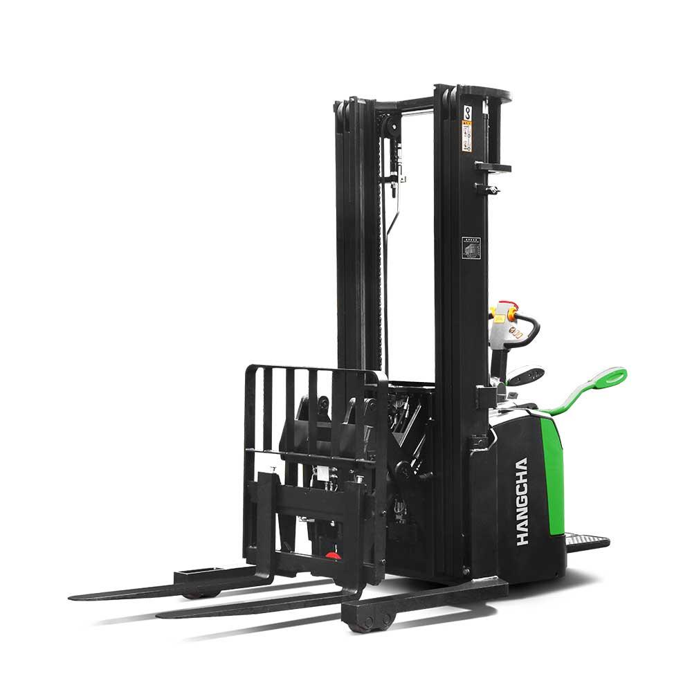 A Series Stand-On Pallet Stacker with Reach Fork