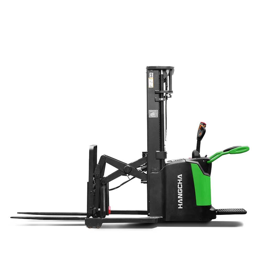 A Series Stand-On Pallet Stacker with Reach Fork