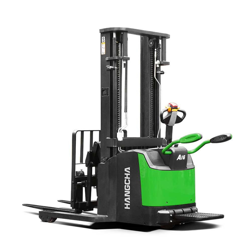 A Series Stand-On Pallet Stacker with Reach Fork