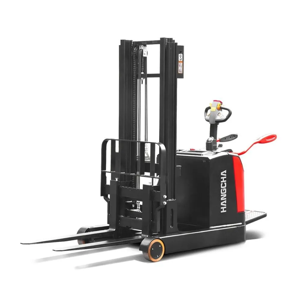 A series high range stand-on pallet stacker with mast move